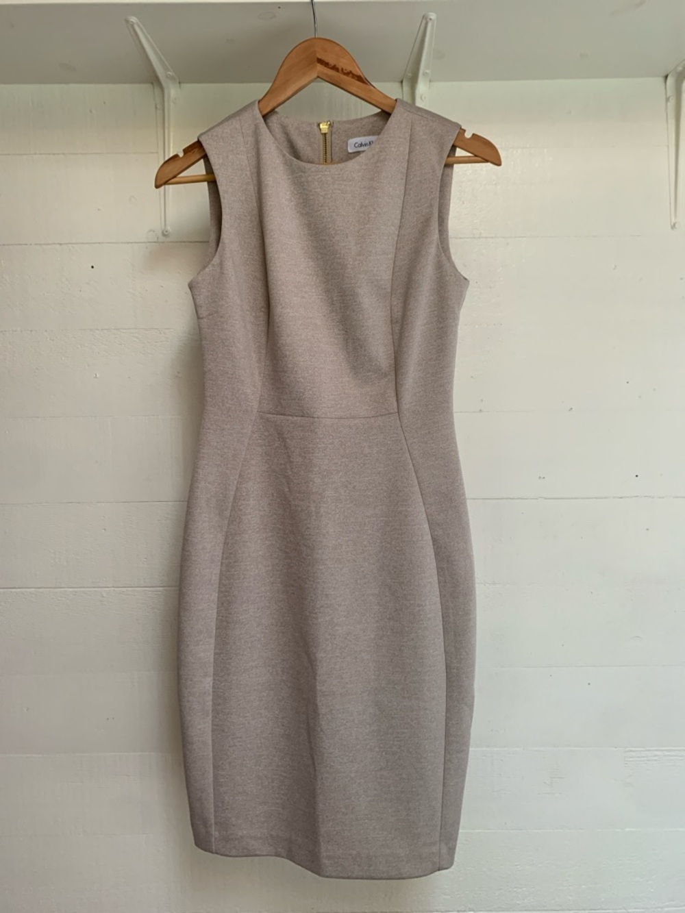 Calvin Klein Sleeveless Midi Sheath Dress in Light Taupe